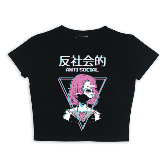Antisocial Girl Baskılı Siyah Crop