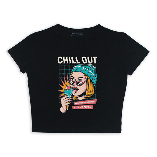 Chill Out Baskılı Siyah Crop