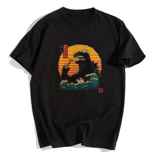 Godzilla Sushi Baskılı Siyah T-Shirt