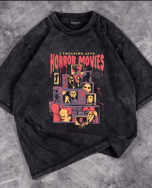 Horror Movies Baskılı Yıkamalı T-Shirt