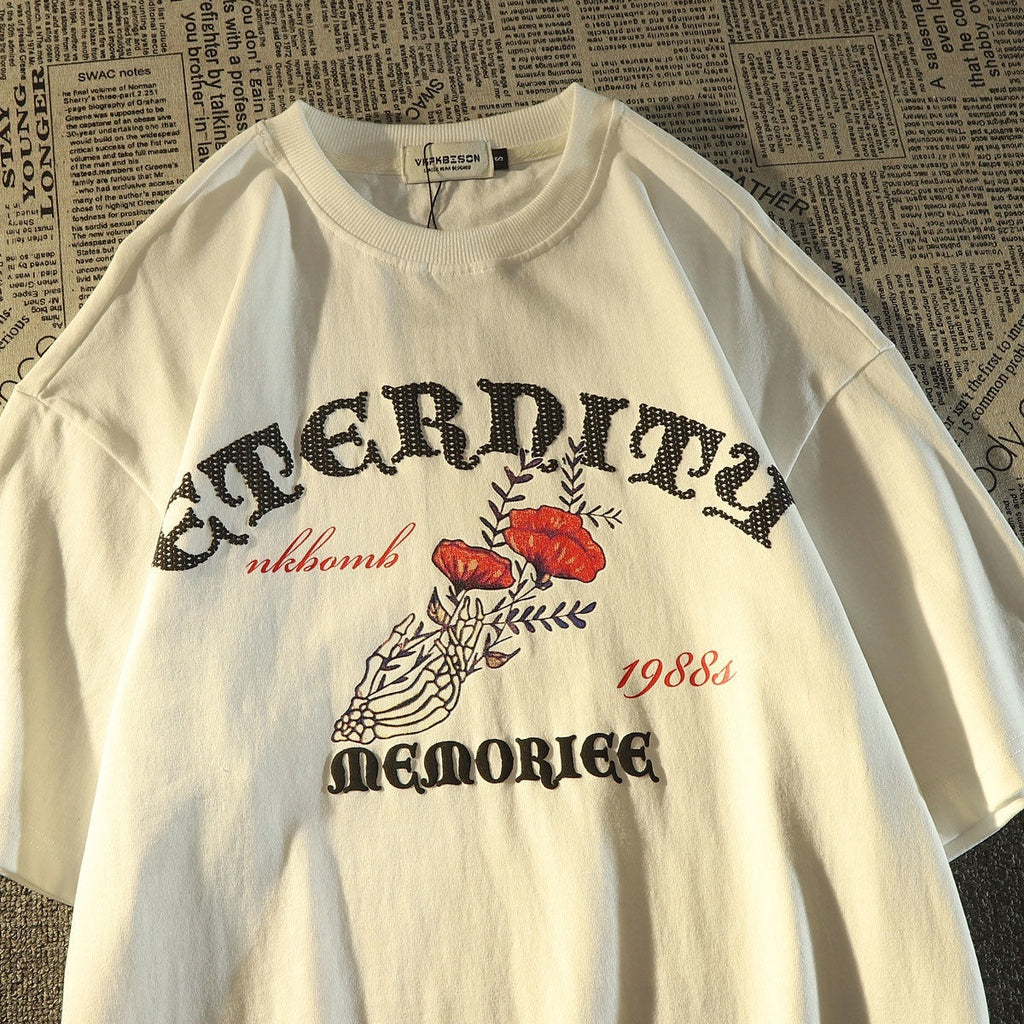 Skull In Love & Roses Baskılı Beyaz T-Shirt