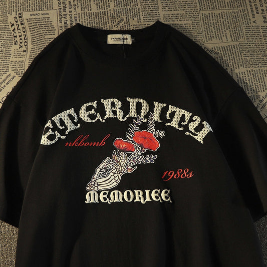 Skull In Love & Roses Baskılı Siyah T-Shirt