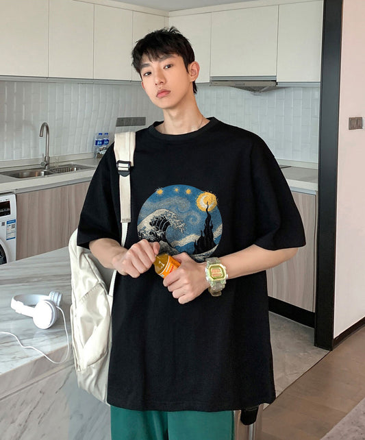 Kanagawa Oki Nami Ura Baskılı Siyah T-Shirt