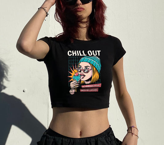 Chill Out Baskılı Siyah Crop