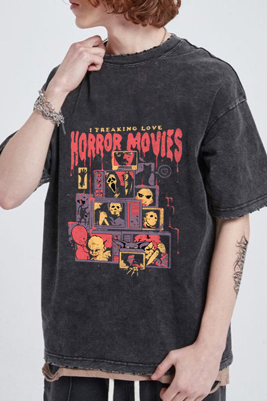 Horror Movies Baskılı Yıkamalı T-Shirt