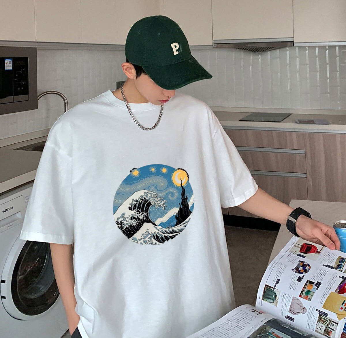 Kanagawa Oki Nami Ura Baskılı Beyaz T-Shirt