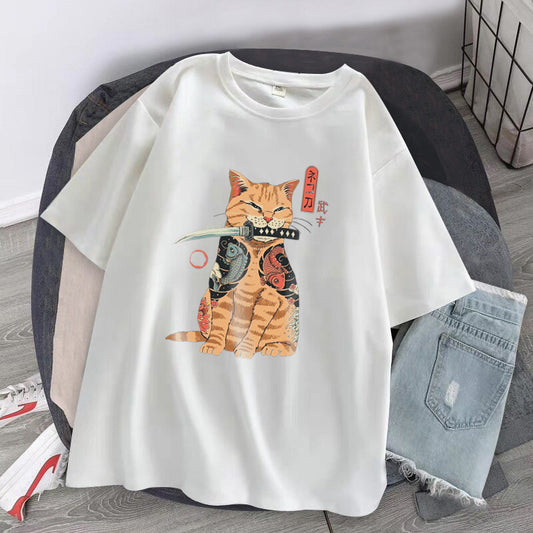 Killer Cat Baskılı Beyaz T-Shirt