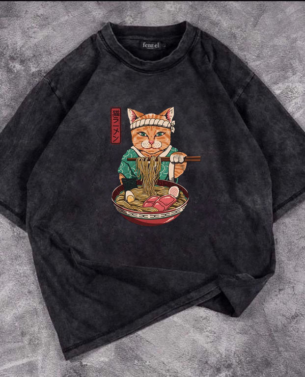 Samurai Cat Spaghetti Baskılı Yıkamalı T-Shirt