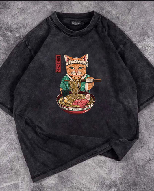 Samurai Cat Spaghetti Baskılı Yıkamalı T-Shirt