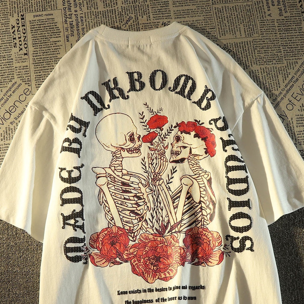 Skull In Love & Roses Baskılı Beyaz T-Shirt