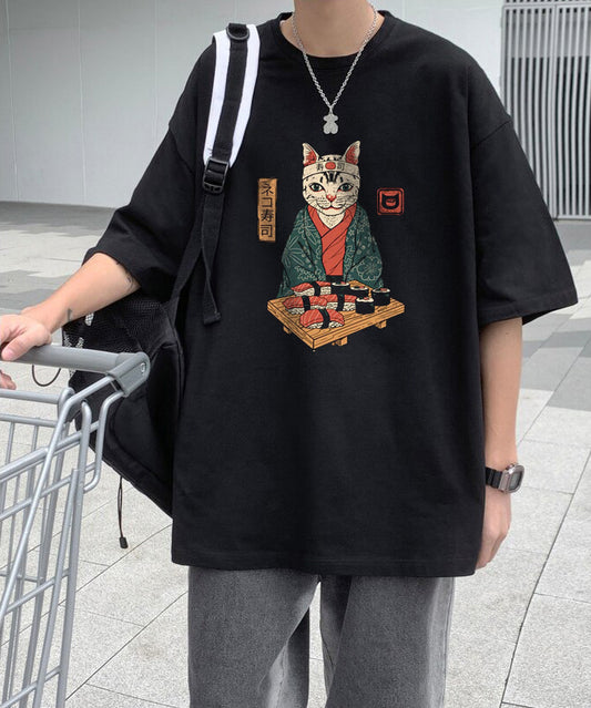 Sushi Cat Baskılı Siyah T-Shirt